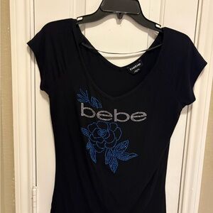 Bebe Black Tee with Blue Floral Accent